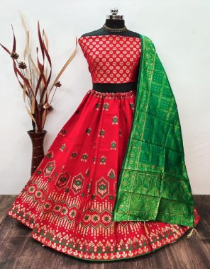 red lehenga - brocade fabric with inner | semi stitched | size - upto 42 | length - 42 | blouse - pure silk ( 0.80 m) | dupatta - pure banarasi silk 24