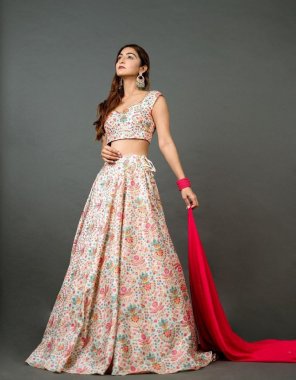 white lehenga - muslin silk with digital print ( full stitched ) | flair - 3 m | blouse - muslin silk with digital printed | size - upto 42 stitch ( free size ) | dupatta - georgette with embroidery sequance lace border  fabric digital printed work ethnic 