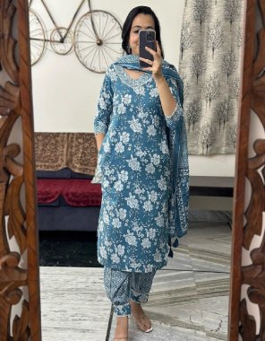 sky blue cotton |kurti length - 45 - 46 length | pant - 39 inches | dupatta - 2.2 m | sleeves - 3/4 sleeves  fabric printed work festive 
