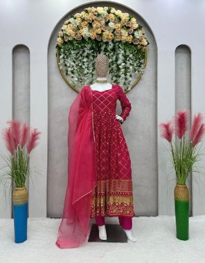 pink suit - faux georgette | length - 54+ | size - m ( 38 ) | l ( 40 ) | xl ( 42 ) | pent - crep plain | size - stitched ( with elastic ) | dupatta - organza silk lace work ( 2.2 m) fabric thread work casual 