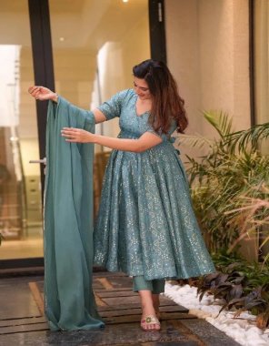 sky blue gown - fox georgette with embroidery sequance work with full sleeves | gown inner - micro cotton | length -- 55 inch | flair - 4 m | type - stitched  | size - upto 44 xl free size ( fully stitched ) | dupatta - fox georgette with fancy lace ( 2.30 m) fabric embroidery work festive 