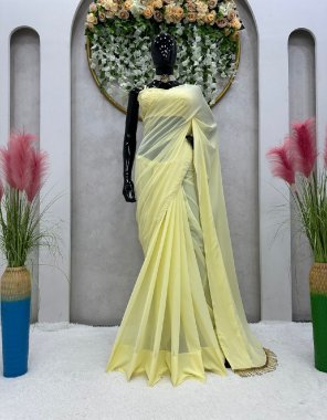 yellow saree - faux georgette with fancy lace ( cut - 5.5 ) | blouse - faux georgette with thread work ( unstitched ) fabric plain work party wear 