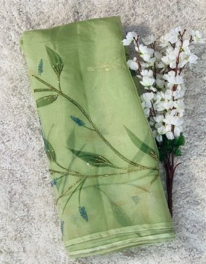 parrot green organza handwork | blouse -matching silk fabric handwork work casual 