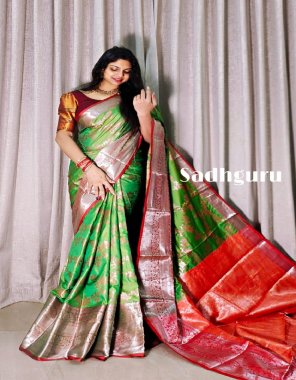 parrot green pure silk with weaving work  fabric weaving work ethnic 
