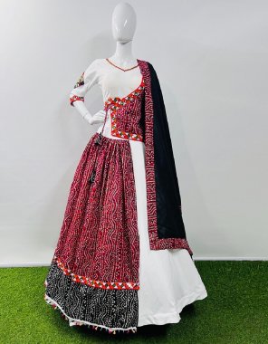 maroon lehenga - pure cotton silk & twill print with gamthi lace work | waist - support upto 44 | lehenga closer - drawstring with tassels | stitching - stitched | length - 42 | flair - 7m | inner - silk | blouse - pure cotton ( fully stitched ) printed with gamthi work lace with mirror work | sleeves lenght - 8