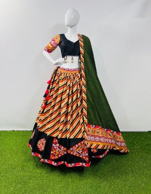 yellow lehenga - pure cotton silk & patola print with gamthi lace work | waist - support upto 44 | lehenga closer - drawstring with tassels | stitching - stitched | length - 42 | flair - 4m | inner - art silk | blouse - pure cotton ( fully stitched ) printed with gamthi work lace with mirror work | sleeves lenght - 8