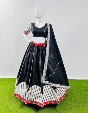black lehenga - pure cotton silk printed with gotta patti work and gamthi lace work | waist supported - upto 44 | lehenga closer - drwastring with tassels | stitching - stitched | length - 42 | flair - 4 m | inner - art silk | blouse - pure cotton ( fully stitched ) gotta patti work gamthi work lace with mirror work | blouse size - 38