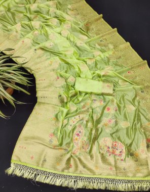 parrot green soft raw silk saree with meenakari work  fabric weaving work casual 