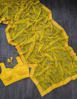 yellow saree - georgette floral digital print with sequance | blouse - georgette sequance embroidery  ( fully stitched ) | size - xl size fabric digital printed work ethnic 