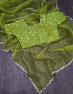 parrot green saree - soft organza silk | blouse - soft georgette with 3mm sequance work | size - xl stitched ( upto xxl margin) fabric plain work festive 