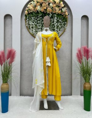 yellow top - faux georgette with embroidery sequance work with dori latkan | inner - micro | stitching type-  s ( 36 ) | m ( 38 ) | xl ( 42 ) | pent - micro | stitch - full stitch upto 44 with elastic | dupatta - tabby silk organza with digital print with four side lace border  fabric embroidery work casual 