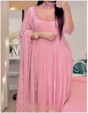 pink gown - heavy faux georgette with neck fancy stitching embroidery sequance work and back side stitched zipper | sleeves - full sleeves with fancy embroidery and sequance work lace border| inner- heavy micro cotton | bottom - heavy butter silk | dupatta - heavy faux georgette with heavy embroidery sequance work | gown length - 56 - 58 inch | gown flair - 8m umbrella flair | gown type - stitched | gown size - xl stitched with xxl margin fabric embroidery work casual 