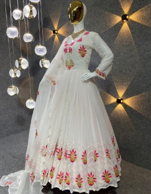 white gown - fox  georgette with embroidery work with full sleeves | gown inner - micro cotton | gown length - 55 inch | gown flair - 3.10 m | dupatta - fox georgette with four side embroidery less border ( 2.40 m ) | gown size - upto 42 xl free size ( fully stitched ) fabric embroidery work festive 