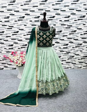 green choli - fox georgette with sequance embroidery work with extra sleeves with back side dori with zip | inner - micro cotton | lehenga - fox georgette with sequance embroidery work with latkan dori | lehenga - full stitched | dupatta - heavy fox georgette with digital print with less border ( fully stitched )  fabric embroidery work ethnic 