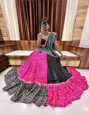 black lehenga - bandhani printed cotton silk with gamthi lace work | waist - support upto 44 | closer - drawsting with tassles | stitching - stitched | length - 42 | flair - 6m | inner - art silk | blouse - pure cotton ( fully stitched ) printed sleeves with gamthi lace work with mirror work | size - 38 adjust upto 42| sleeves length - 12 | dupatta - printed bandhani pure cotton ( 2.5 m) fabric printed work festive 