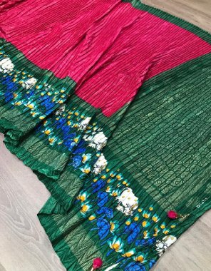 pink soft dola silk printed khajuri crush with viscose gold border  fabric printed work party wear 