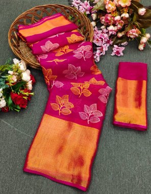pink saree - soft tussar silk ( golden zari weaving ) | blouse - soft tussar silk ( running contrast blouse ) fabric weaving work festive 