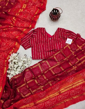 red saree - jute silk chex saree with tussels with peding | blouse - pure malbery silk with sequance embroidery ( stitch ) fabric bandhej printed work casual 