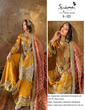 yellow top - organza heavy embroidered with diamond | dupatta - organza heavy embroidered with lace | bottom - organza heavy embroidered with diamond | inner t/b - heavy santoon fabric embroidery work casual 