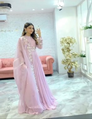 pink gown - heavy faux georgette with sequance embroidery work | sleeves - full sleeves with fancy embroidery sequance work | inner - heavy micro cotton | gown length - 56-58 inch | flair - 8 m | gown size - xl stitched with xxl margin | dupatta - heavy faux georgette with heavy embroidery sequance work  fabric sequance work party wear 