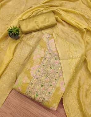 yellow top - heavy jacquard with embroidery and handwork | bottom + inner - heavy santoon ( cut 4m salang ) | dupatta - fancy chanderi with crowset work | size - free size upto 44 fabric embroidery work party wear 