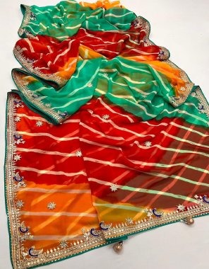 red pure georgette with leheriya saree handwork with samosa border fabric printed work festive 