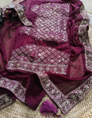 wine saree - heavy chinon with sequance embroidery | blouse - mono banglory with fully sequance work and attached sleeves both side | embroidery work belt attached  fabric embroidery work ethnic 