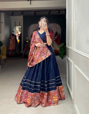 navy blue lehenga - pure cotton plain and printed with gotta patti touchup | waist - upto 42 | closer - drawstring | length - 42 | flair - 4 m | inner - micro cotton | type - stitched | blouse - pure cotton ( fully stitched ) plain with gotta patti touch up | size - 38 adjust upto 42 | sleeves length - 11 | dupatta - pure cotton printed with gotta patti lace border ( 2.5 m)  fabric plain work casual 