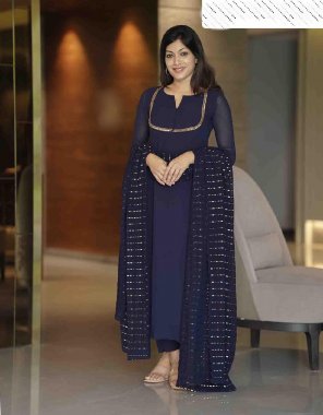 navy blue gown - heavy faux georgette with neck stitching with embroidery sequance work | sleeves - full sleeves | inner - heavy micro cotton | gown length - 50 - 52 inch | gown flair - 8m umbrella flair| size - xl stitched with xxl margin | bottom - heavy buttersilk | dupatta - heavy faux georgette heavy embroidery sequance work fabric embroidery work festive 