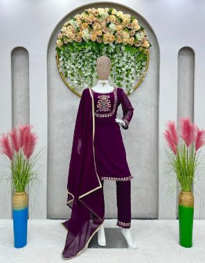 wine suit - faux georgette with inner with thread work | length - 41 | size - upto  42 ( full stitch ) | pant - faux georgette with inner | thared work | size - free ( stitched with elastic ) | length - 39 | dupatta - faux georgette lace work ( 2.2 m) fabric thared work work party wear 