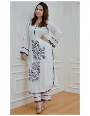 white rayon | sleeves - full sleeves | pattern - umbrella | length - 46 fabric embroidery work casual 