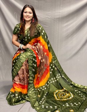 mahendi art silk with zari weaving with hand bandhej fabric weaving work ethnic 