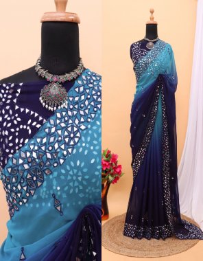 blue saree - heavy soft georgette with embroidery c pallu work | blouse - soft georgette with mirror work fabric embroidery work casual 