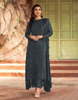 grey top - heavy fox georgette with embroidery sequance with moti | bottom - heavy santoon | inner - heavy santoon | dupatta - heavy najneen with embroidery sequance work with latkan | size - max upto 56