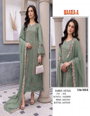 parrot green top - heavy fox georgette with embroidery sequance work | bottom - heavy santoon | inner - heavy santoon | dupatta - heavy fox georgette with embroidery sequance work with latkan | size - max upto 58 