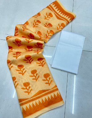 yellow chanderi cotton with batik print work & blouse fabric digital print work casual 