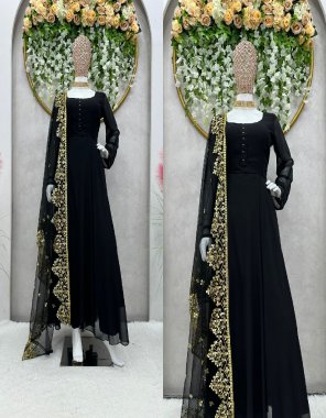 black suit - faux georgette with inner | flair - 7m | size - m ( 38 ) | l ( 40 ) | xl ( 42 ) | pant - crep | size - free ( stitched with elastic ) | length - 39 | dupatta - soft net with sequance ( 2.2 m) fabric plain work party wear 