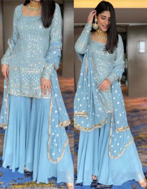 sky blue top - georgette with embroidery sequance work | inner - crep | stitching type - upto 42 size full stitch | plazzo - georgette plain work | stitch - upto 44 full stitch with elastic | dupatta - georgette with sequance with fancy lace and latkan border  fabric embroidery work party wear 