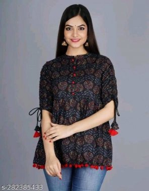 black cotton | digital printed with pom pom lace with button latkan | sleeves - 3/4 sleeves | length - 30 fabric printed work casual 