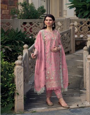 pink kurti - soft organza | pant - pure roman silk | dupatta - soft organza fabric embroidery work ethnic 