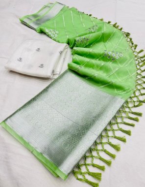 parrot green pure organza jacquard with kanchipuram silver border  fabric jacquard work party wear 