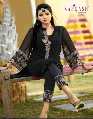 black top - fox georgette with embroidery | pant  - viscose cotton with bottom patch | inner - heavy santoon inner | size chart - top - xl ( 42 ) | xxl ( 44 ) | bottom - xl ( 38 - 42 ) | xxl ( 38 - 44 ) fabric embroidery work casual 