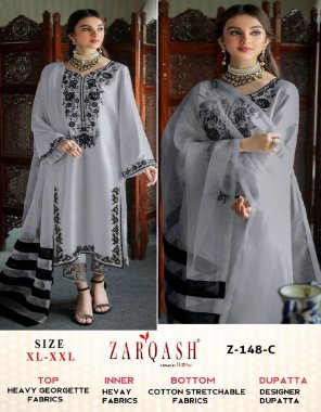 grey top - heavy organza fabric with embroidery | bottom - cotton stratchable fabric with bottom patch | dupatta - organza with designer print | inner - heavy fabric | size chart - top - xl ( 42 ) | xxl ( 44 ) | bottom - xl ( 38 - 42 ) | xxl ( 38 - 44 ) fabric embroidery work festive 