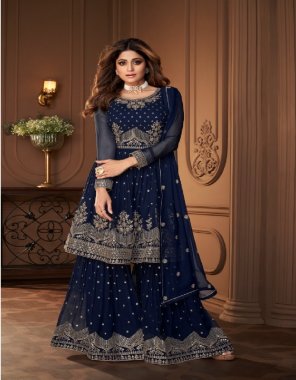 navy blue top - georgette embroidery ( free size stitched ) | sleeves - georgette with embroidery work | inner - santoon ( attached with top ) | bottom - georgette santoon inner embroidery work ( free size stitched )  | dupatta - georgette four side lace | top length - 48 inch | top bust size - upto 46 inch ( free size stitched ) | bottom size - free size stitched upto waist 44 inch |  dupatta size - 2.25m | type - semi stitched  fabric embroidery work ethnic 