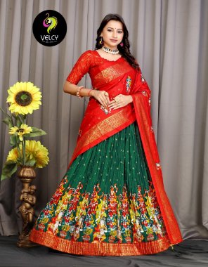 dark green lehenga - pure dola silk with khajuri crushed | lehenga work - khajuri crushed with foil printed and digital print | waist - supported upto 42 | lehenga closer - stitched with canvas | length - 41 | flair - 4 m | inner - micro cotton | blouse - dola silk with foil print | length - 1 m ( unstitched ) | dupatta - pure dola silk with viscose border and tassels with digital  with foil print work ( 2.5 m) fabric khajuri work work festive 