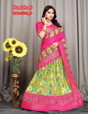 parrot green lehenga - pure dola silk with khajuri crushed | lehenga work - khajuri crushed with foil printed and digital print | waist - supported upto 42 | lehenga closer - stitched with canvas | length - 41 | flair - 4 m | inner - micro cotton | blouse - dola silk with foil print | length - 1 m ( unstitched ) | dupatta - pure dola silk with viscose border and tassels with digital  with foil print work ( 2.5 m) fabric khajuri work work ethnic 