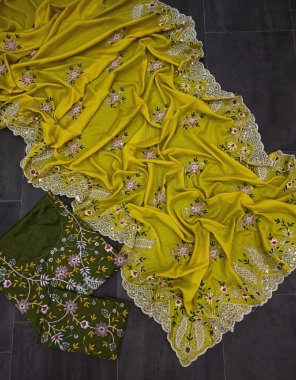 yellow saree - soft chinon silk | blouse - mono banglory silk  fabric embroidery work party wear 
