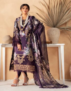 purple top - cotton print with exclusive patch embroidery | bottom - semi lawn | dupatta - chiffon  ( pakistani copy ) fabric printed work festive 
