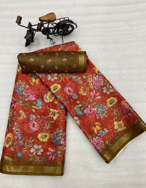 orange saree - kota with digital print and pallu flower print with contrast blouse fabric digital printed work festive 