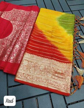 red viscose weaving georgette saree and satin patta fabric weaving work party wear 